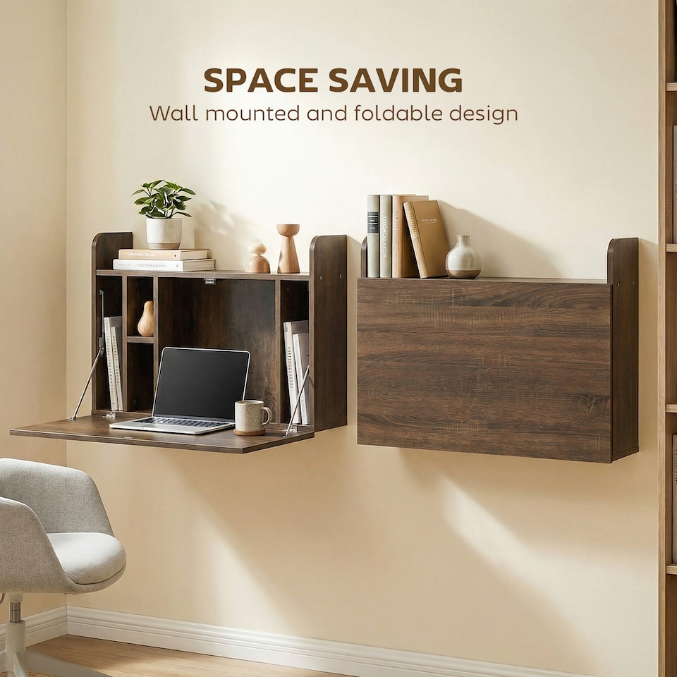 image 1 of HOMCOM Wall Mounted Table w/ Space Saving Storage Compartments
