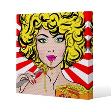 Pop Art Young woman Eating Spaghetti (Canvas Print) / 114 x 114 x 4cm | Multi