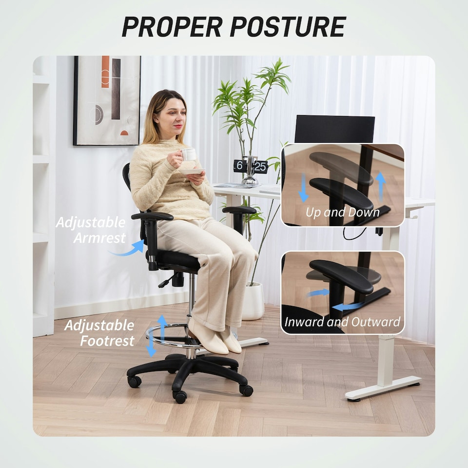 image 1 of HOMCOM Drafting Stool Chair with Adjustable Armrest for Standing Desk, Black Black