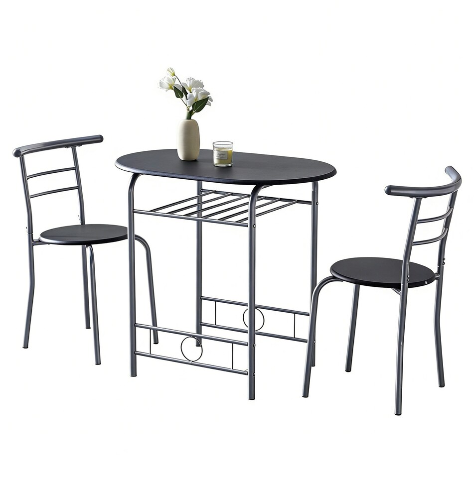 image 1 of Kitchen Breakfast Bar Small Dining Table and 2 chairs Set with Metal frame -Black