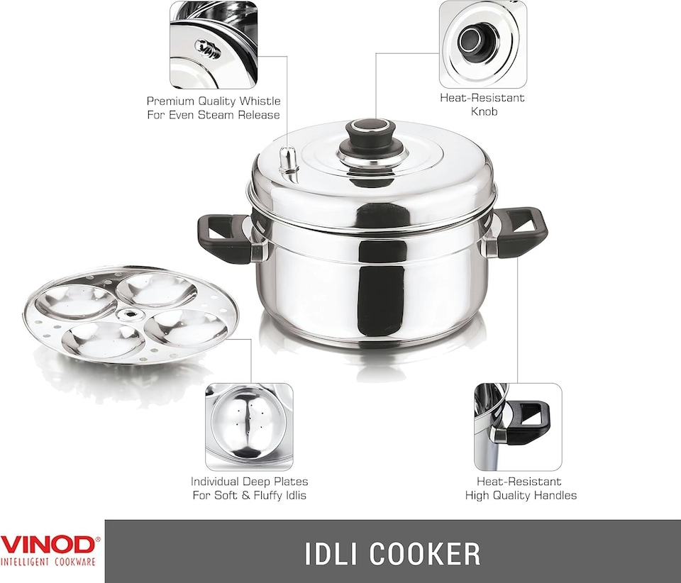 image 1 of Vinod Stainless Steel Idli Cooker – Suitable For Indian Cooking - 4 Tier Stand