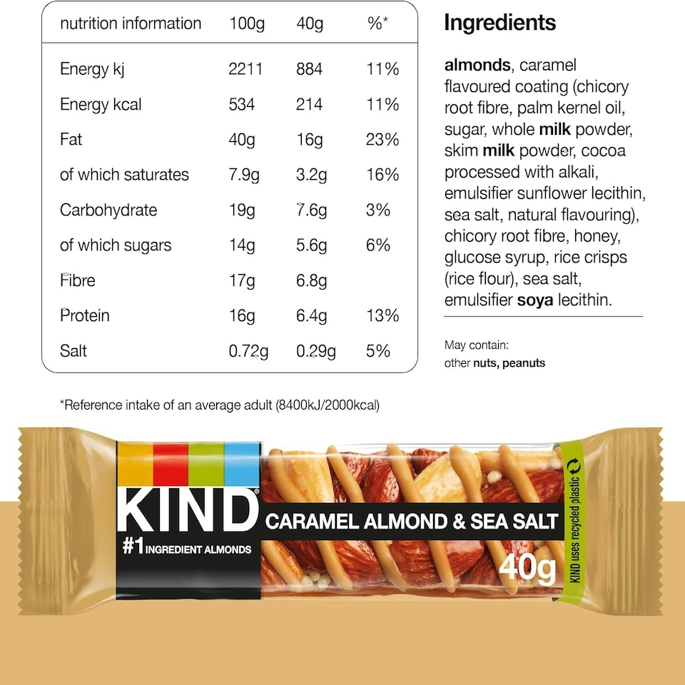 image 1 of KIND Bars, Gluten Free Snack Bars, Caramel Almond & Sea Salt, High Fibre, Healthy Snack, No Artificial Colours, Flavours or Preservatives, Multipack 12 x 40g