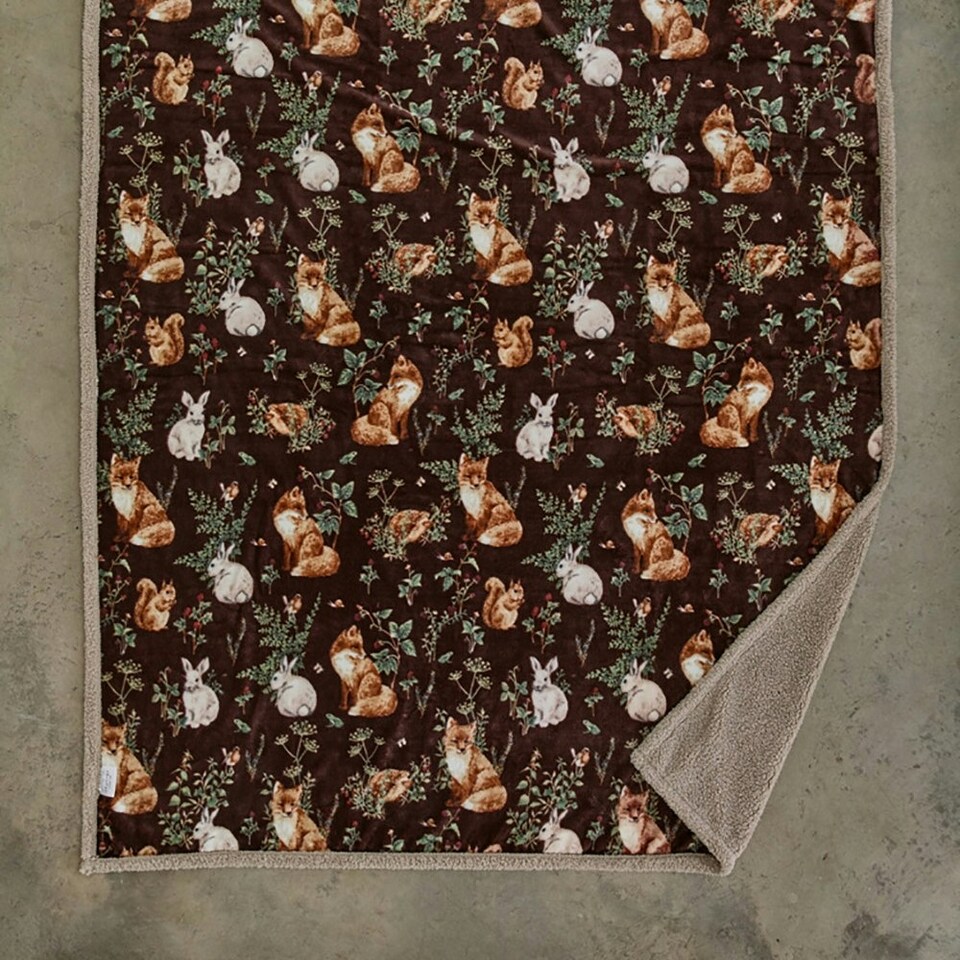 image 1 of Woodland Wildlife Forest Animal Flannel Throw with Sherpa Back – 140x180cm Red | Wine