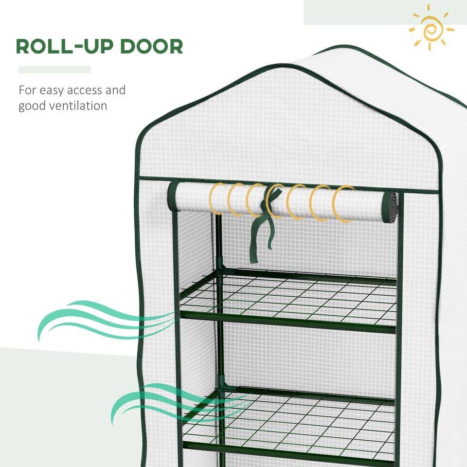 image 1 of Outsunny Portable Mini Greenhouse with Roll-up Door and Wire Shelves, White