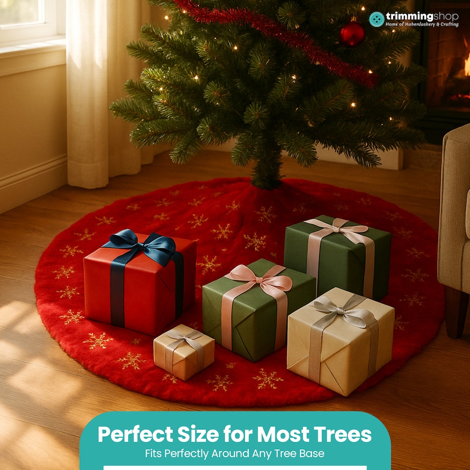 image 1 of 100cm Christmas Tree Skirt Large Red & Gold Snowflake Mat, Tree Skirt