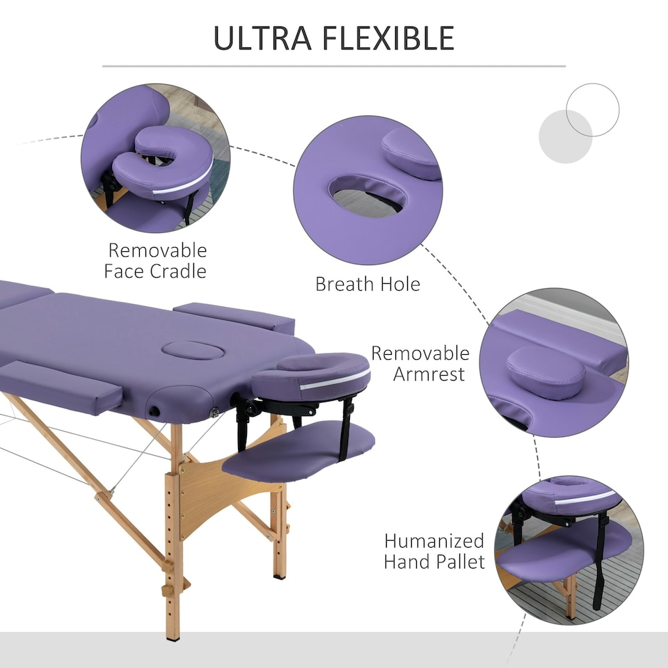 image 1 of HOMCOM Wooden Folding Massage Table w/ 2 Sections, Bag, Purple