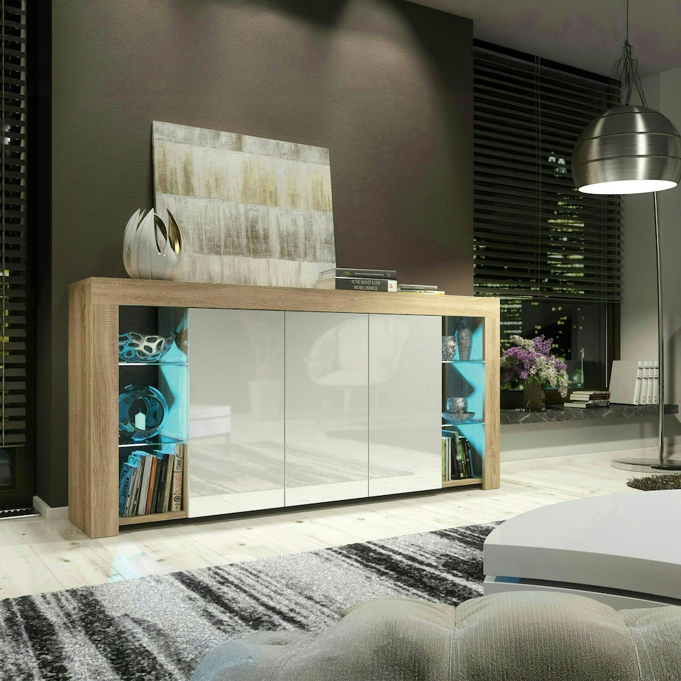 image 1 of Sideboard 164cm White Gloss Doors Oak Matt Body Free LED | Multi | Oak