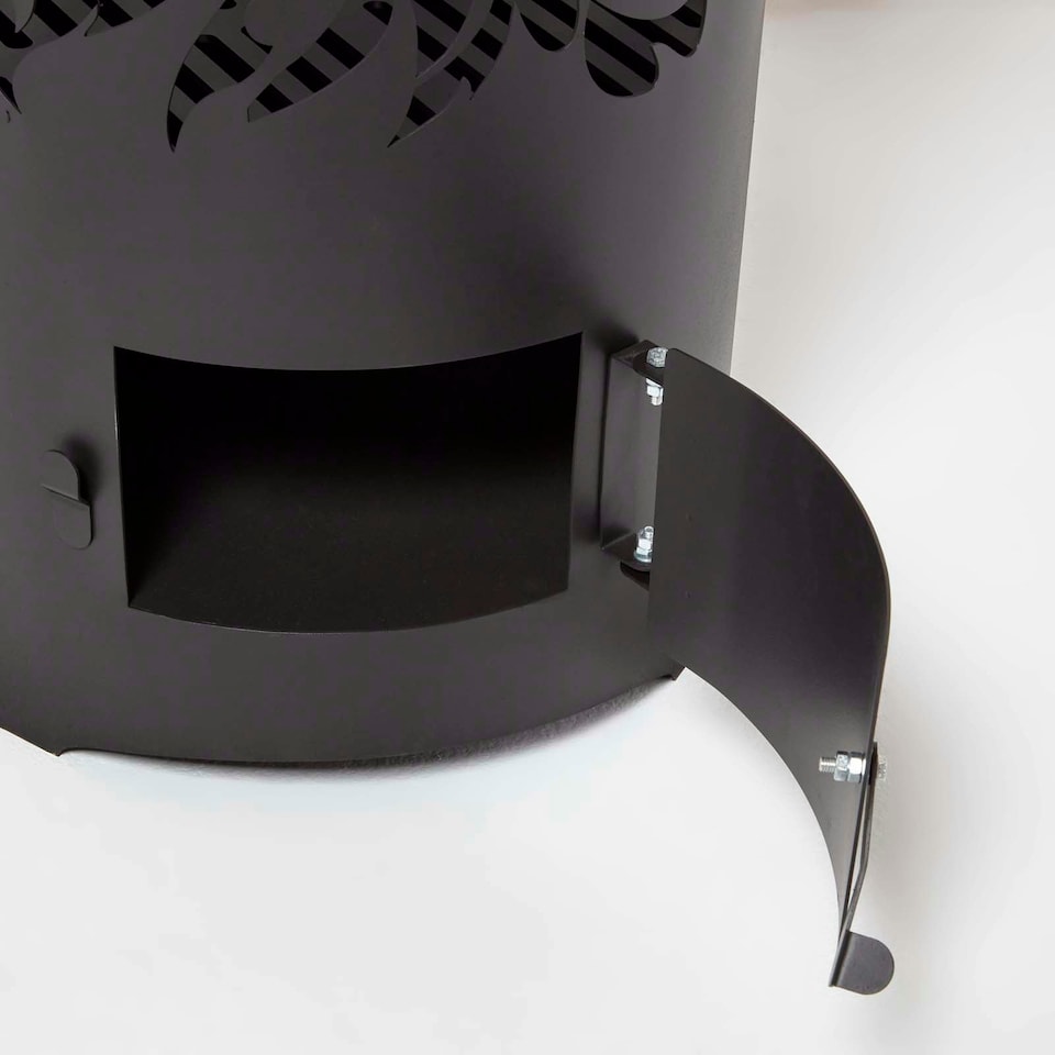 image 1 of Homescapes Large Black Fire Drum with Laser Cut Design, 1.2m Tall