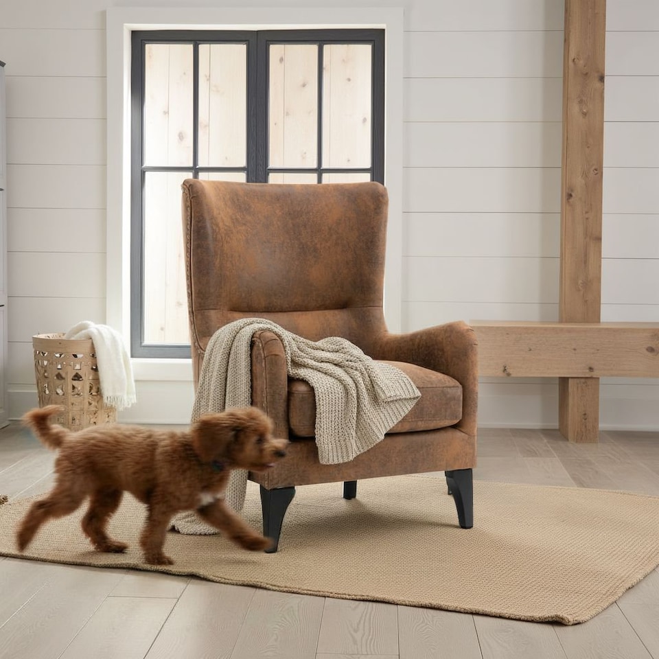 image 1 of Faux Leather Suede Brown Segovia Accent Wingback Chair