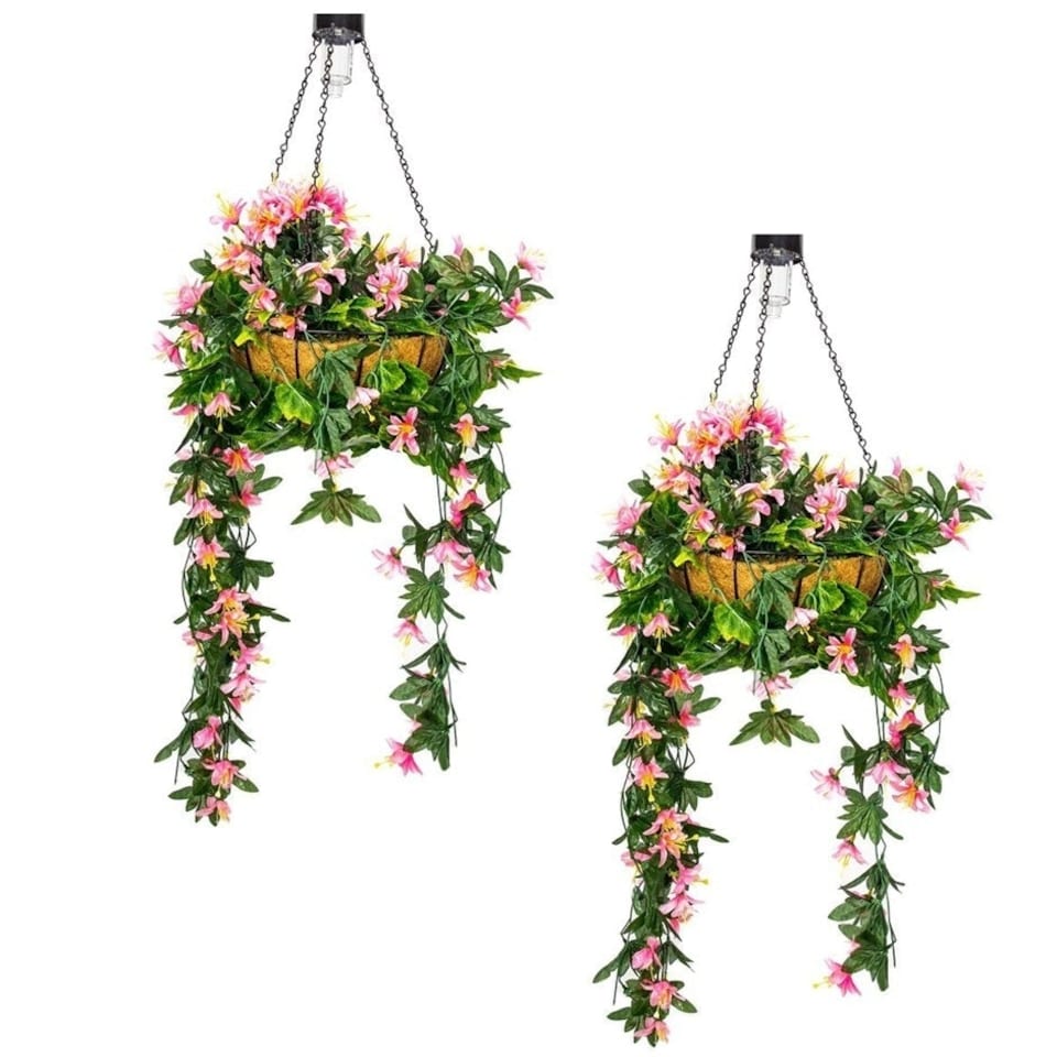image 1 of Primrose Artificial Duranta Pink Flowers Hanging Basket with Solar Light 26cm