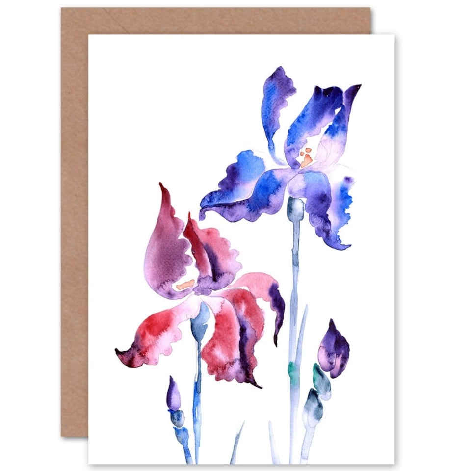 image 1 of Violet Iris Flowers Bright Abstract Watercolour Nature Greeting Card