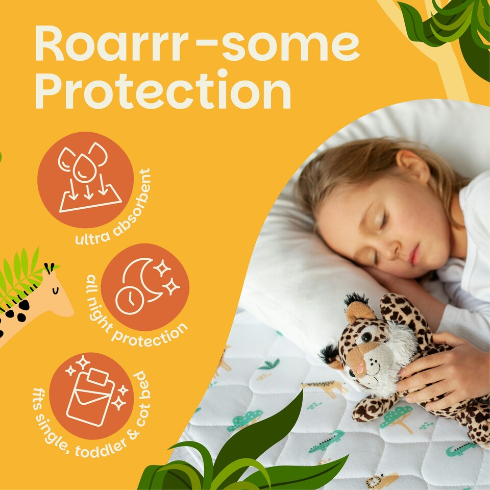image 1 of Toddler Potty Training Bed Pads - Non-Slip - Soft Waterproof Bedwetting Pee Protector Mat for Kids - Multi-Layer, Washable, Absorbs Up to 2000ml - 90 x 85cm White | Safari | Single