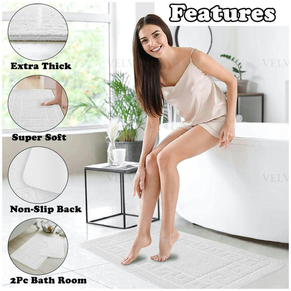 image 1 of VELVETIO Greek Bath Mat & Pedestal Mat Water Absorbent Non Slip Toilet Rugs White