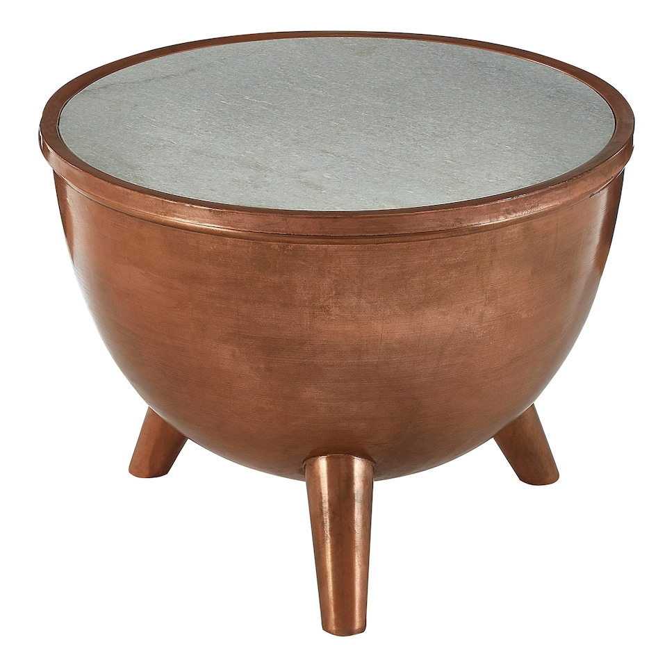 image 1 of Interiors by Premier Copper Finish White Marble Top Table, Round Drum Shaped Accent Table, Natural Marble Surface Brown