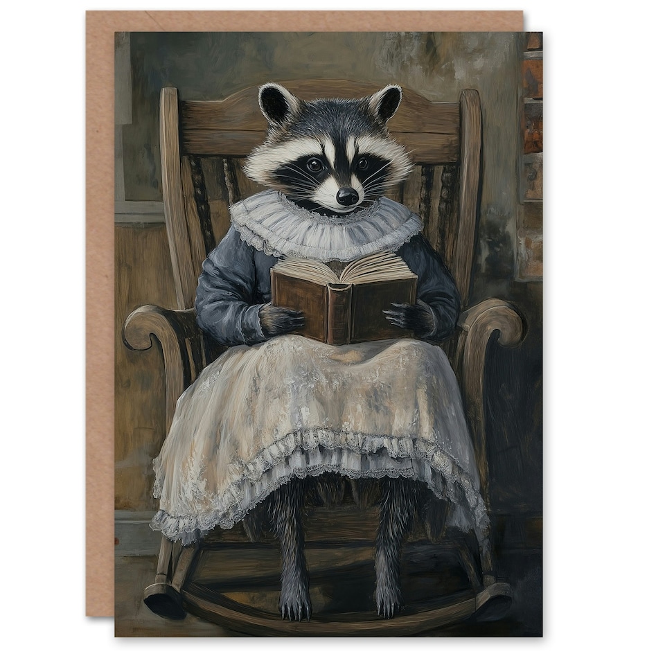 image 1 of Raccoon Reading Bedtime Story on Rocking Chair Birthday Greeting Card
