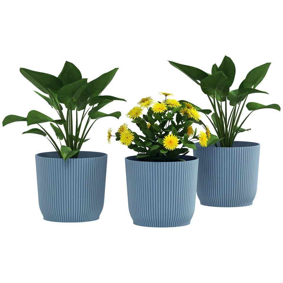 image 1 of Outsunny Set of 3 Round Plant Pots Outdoor 22cm for Garden Decoration, Blue