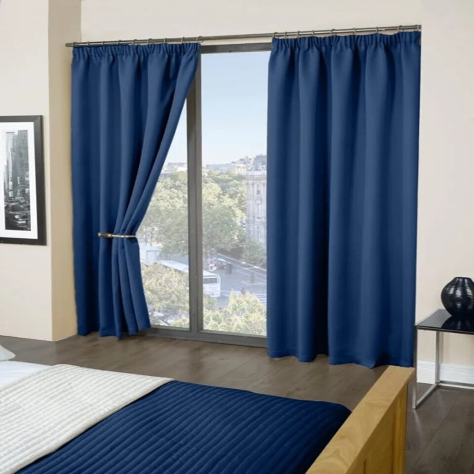 image 1 of Essential Woven Thermal Blackout Pencil Pleat Curtains 168cm x 137cm Navy Blue | Blue