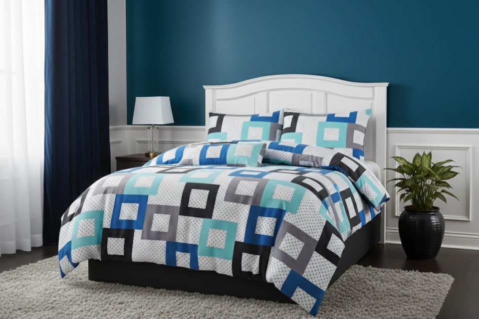 image 1 of Modern Blue And Grey Geometric Modern Duvet Cover And Pillowcase Set | White | King