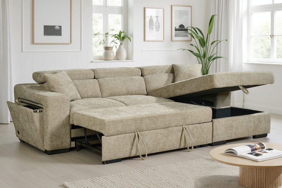 image 1 of Beige Chenille Fabric 2C1 Corner Sofabed with Storage ARTHUR