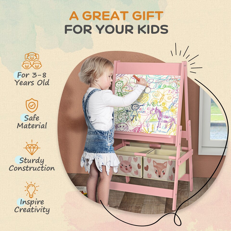 image 1 of AIYAPLAY Kids Easel with Paper Roll, Blackboard, Whiteboard, Storage, Pink
