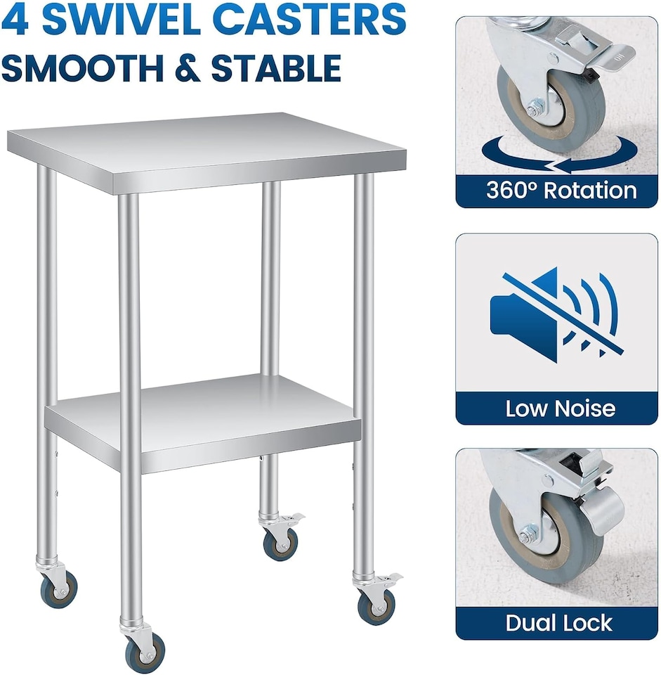 image 1 of London Boutique Commercial Stainless Steel Work Table with Adjustable Undershelf and Wheels, Silver, 24 x 24 x 35 in