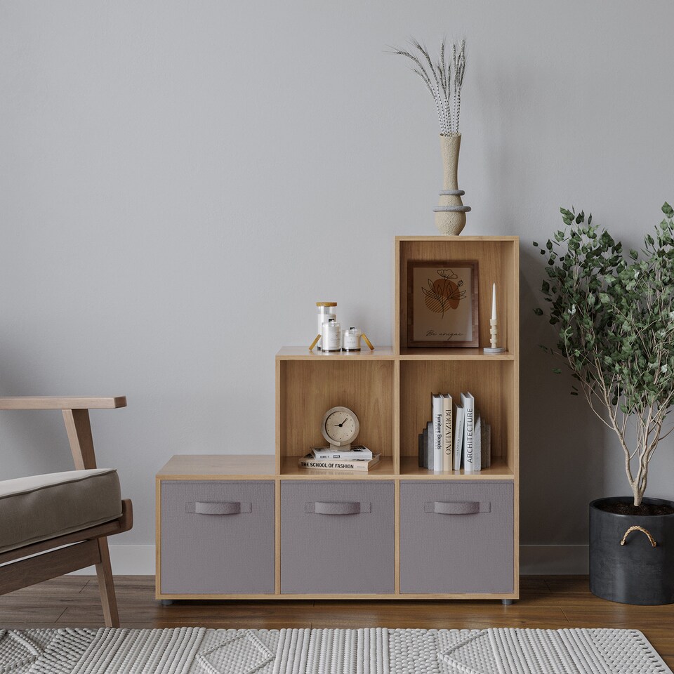 image 1 of 6-Cube Step Shelving Unit With Non Woven Inserts | Brown | Oak & Grey | 1