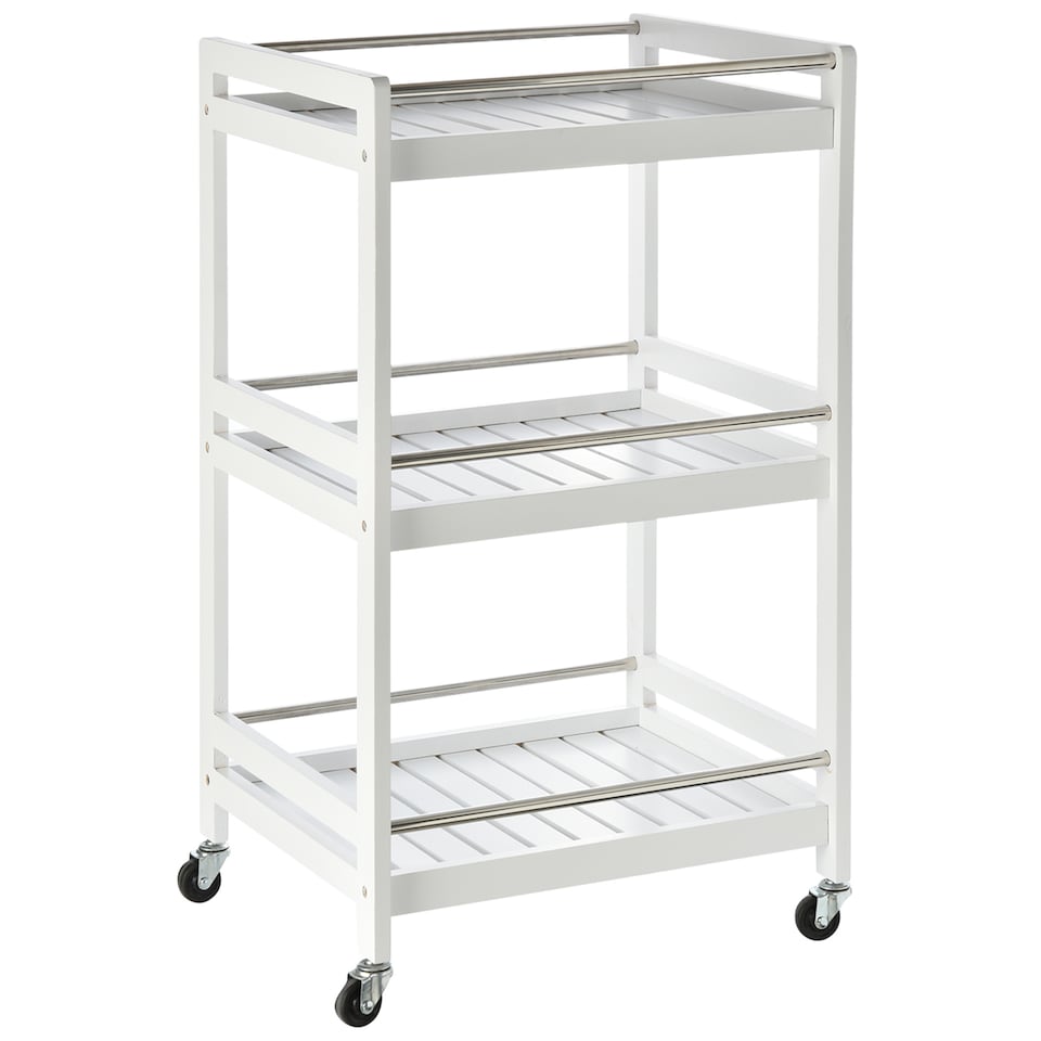image 1 of HOMCOM 3-Tier Home Trolley Kitchen Storage Cart w Steel Bars 4 Universal Wheels Rolling Unit Organiser Living Room White