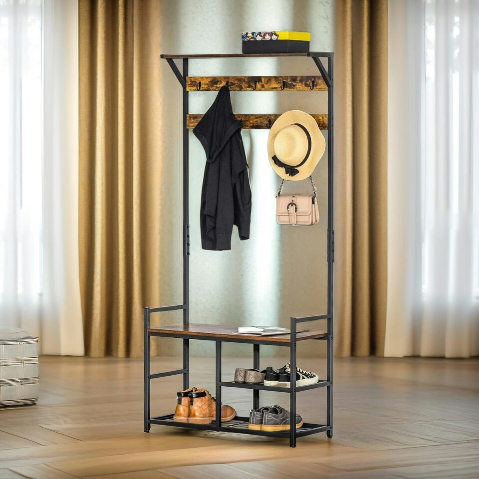 image 1 of Industrial 180CM Tall Coat Stand With 9 Hooks One Size
