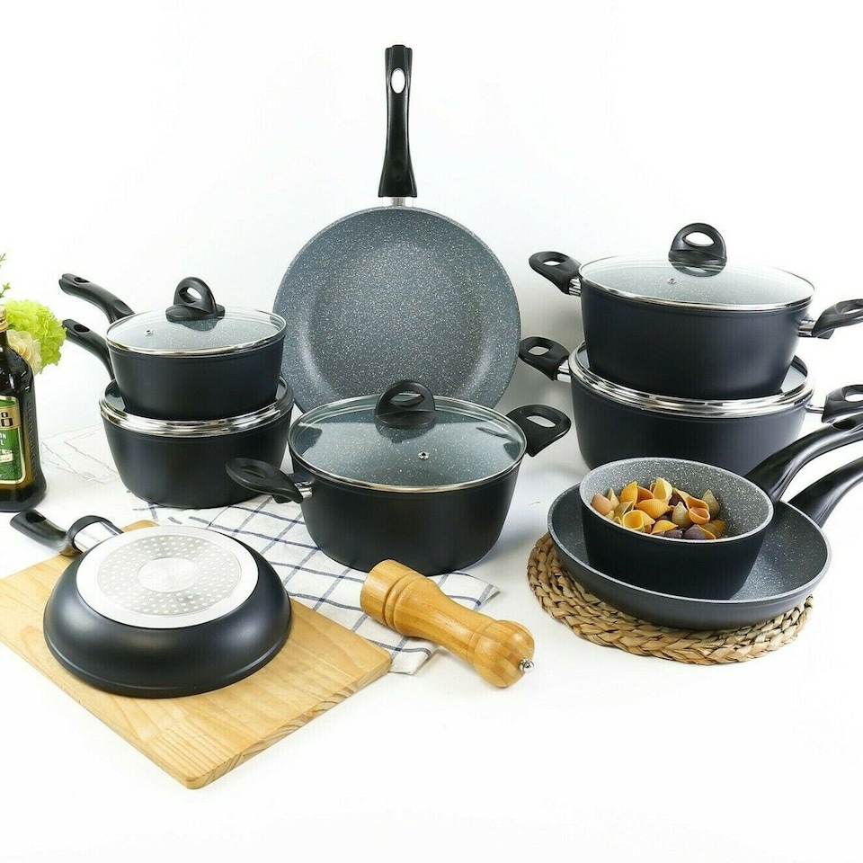 image 1 of 9-PC Black Marble Pots & Pans Set