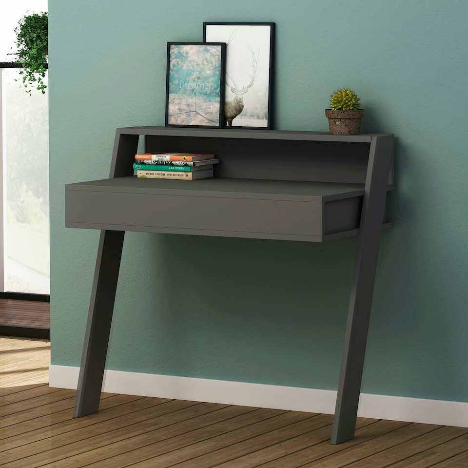 image 1 of Cowork Modern Desk Anthracite Grey Wall Mounted With Drawer 94cm Wide Grey