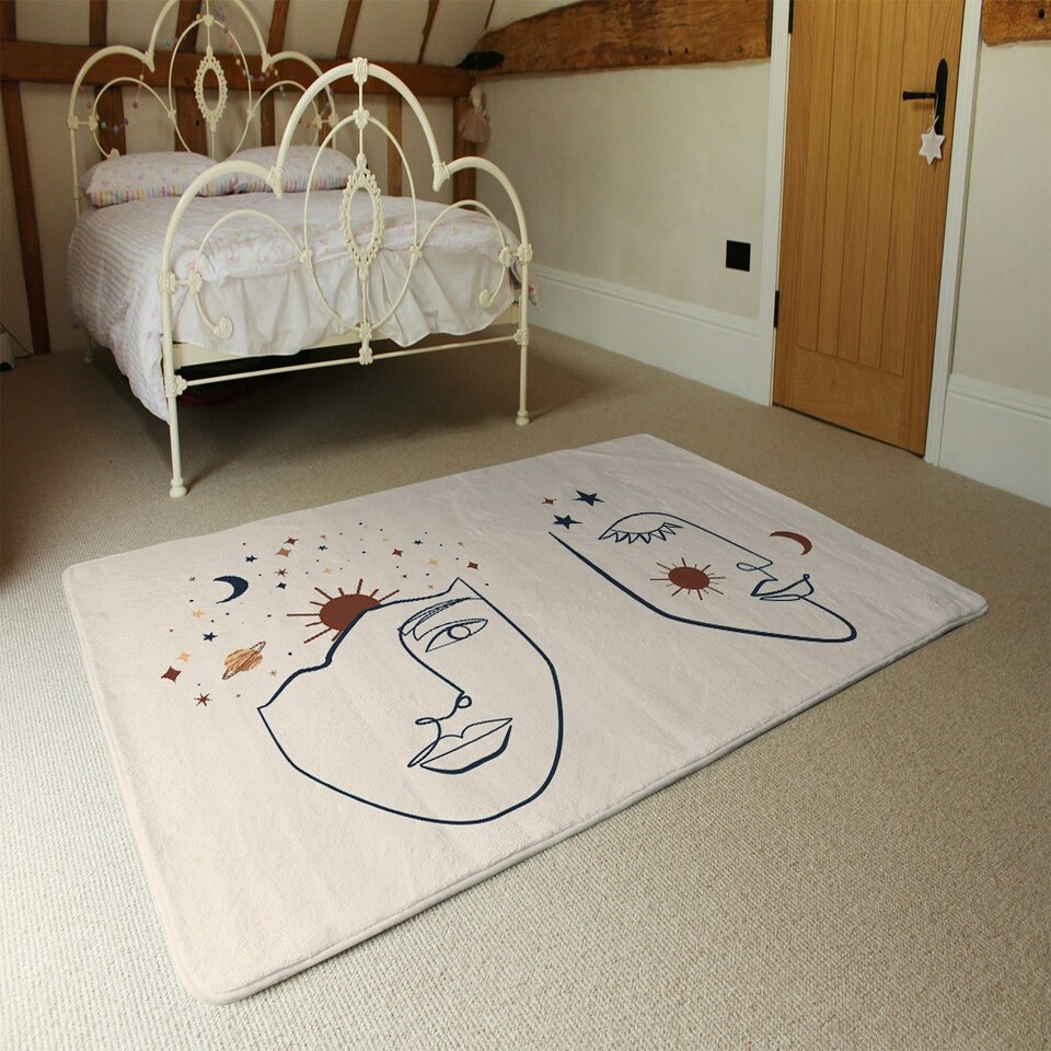 image 1 of Line art Illustration with Mystical and Celestial elements like stars, moon, sun and planets (Rug) Cream | M
