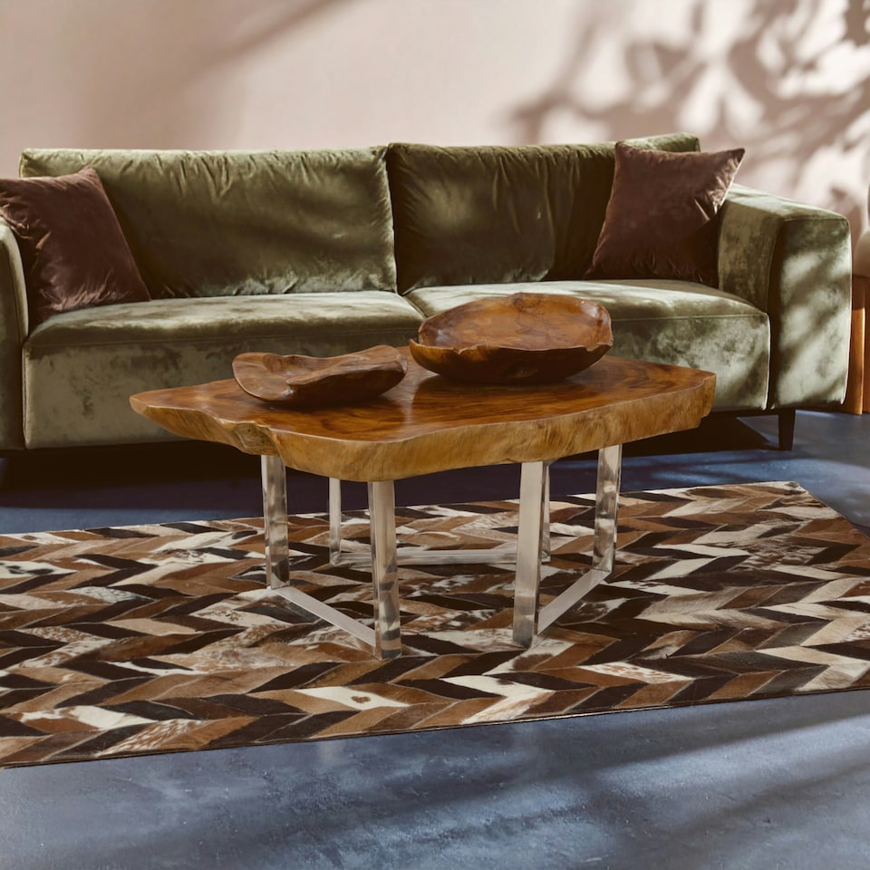 image 1 of Teak Wood Coffee Table,Rustic Center Table With Natural Edges,Metallic Table With Sleek Legs,Kitchen Table Cream