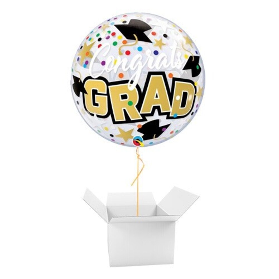 Congrats Grad Stars & Dots See-Thru Bubble Helium Qualatex Balloon - Inflated Balloon in a Box | Multi