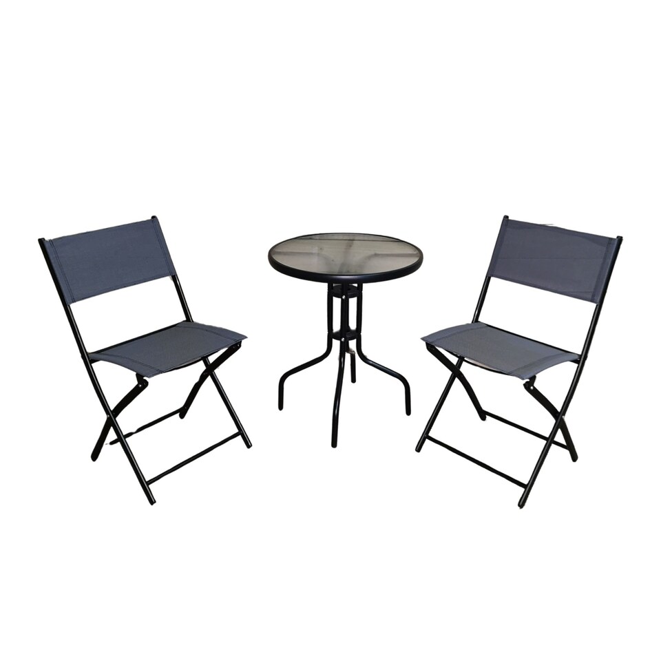image 1 of 3pcs Outdoor Garden Furniture Bistro Set Glass Table & Two Folding Chairs in Grey