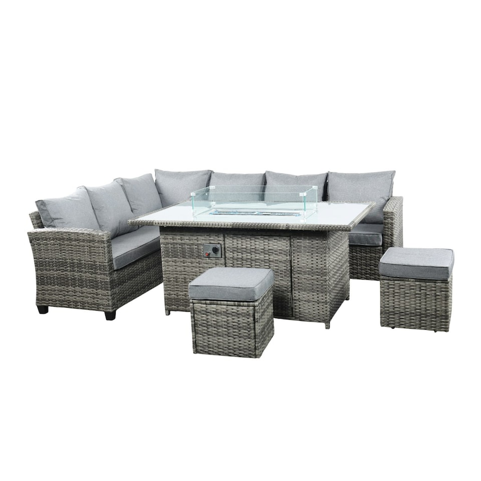 image 1 of The Conwy 8 Seat Corner Gas Firepit Rattan Dining Set - Dark Grey
