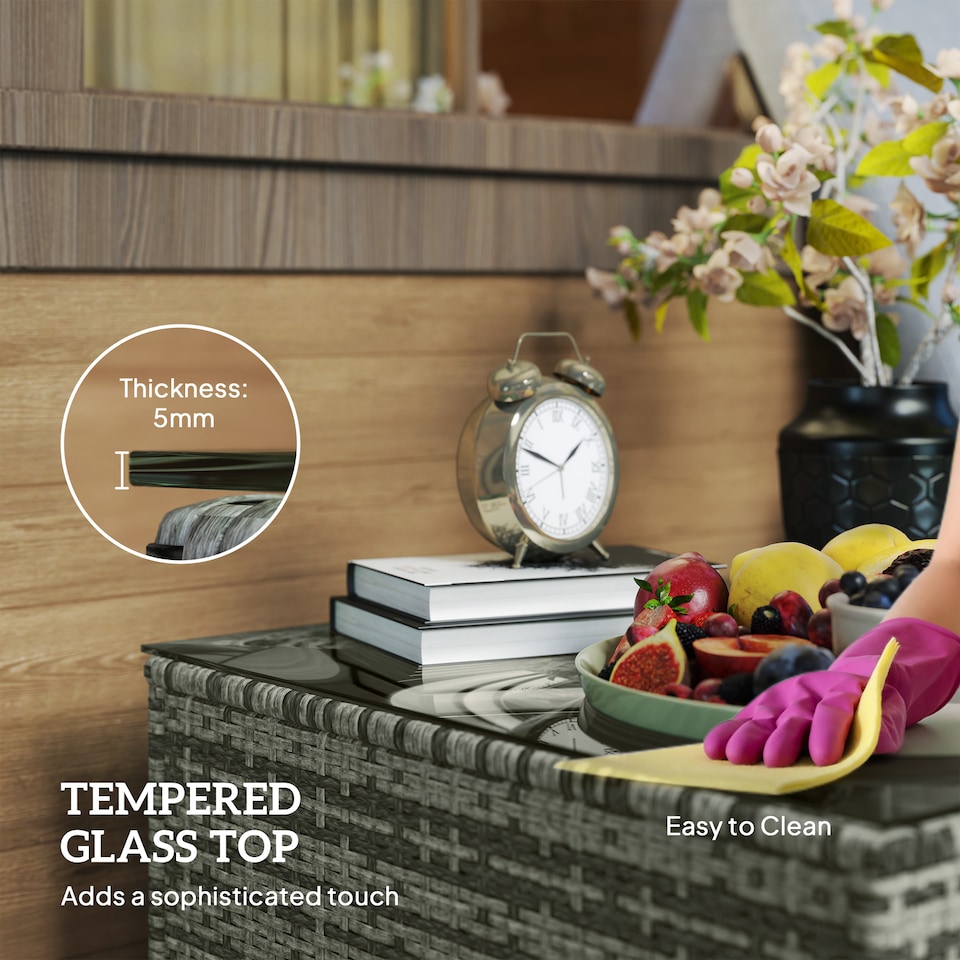 image 1 of Outsunny Outdoor Coffee Table with Glass Top, Rattan Side Table, Light Grey