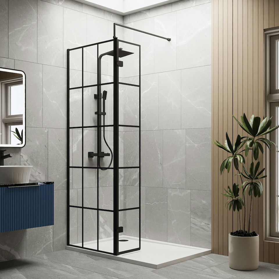image 1 of 8mm Toughened Safety Glass Black Framed Wetroom Swing Screen - 300mm - Balterley