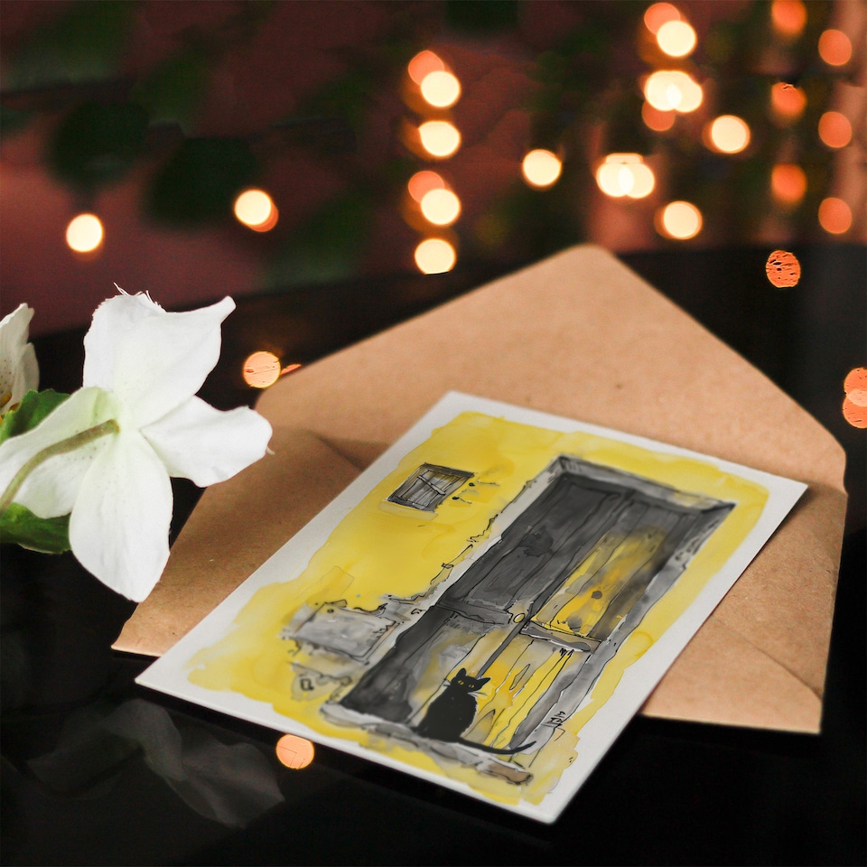 image 1 of Greeting Card Black Cat in Doorway Rustic Yellow Watercolour Birthday