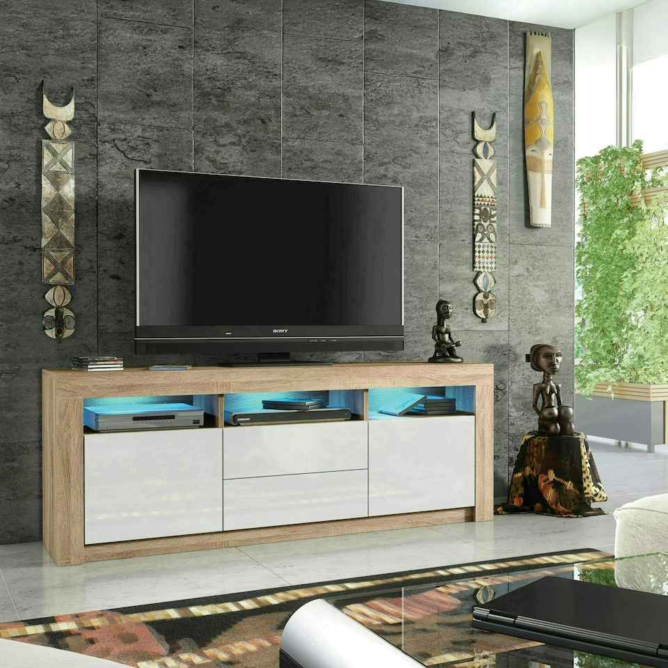 image 1 of TV Unit 160cm White Gloss Doors & Drawers Oak Matt Body With LED | Multi | Oak | One Size | 1