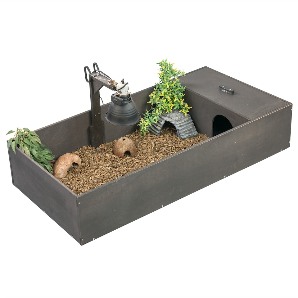 image 1 of KCT Tortoise Table Large Black Reptile Vivarium Cage Hide with Open Run and Lamp Arm