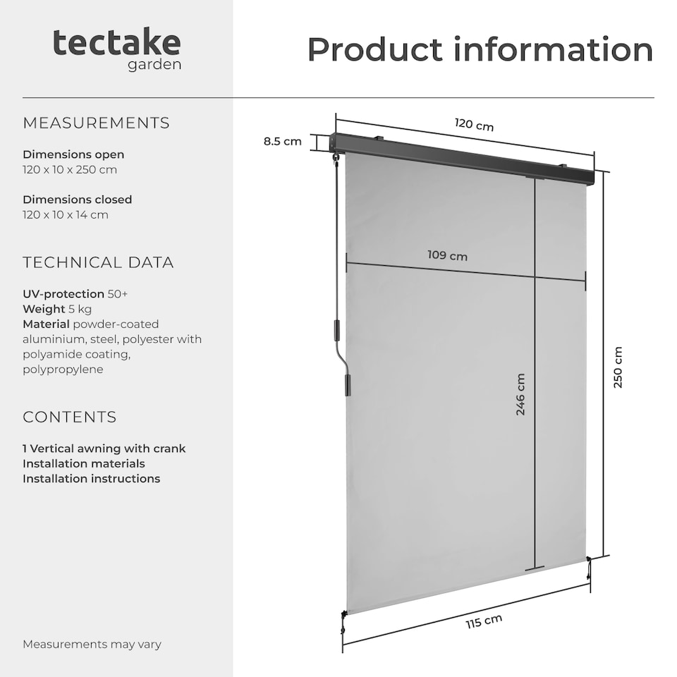 image 1 of Vertical Awning Eloise - installation materials included, retractable, UV blocking | Grey | light grey | 120 x 250 cm | 1