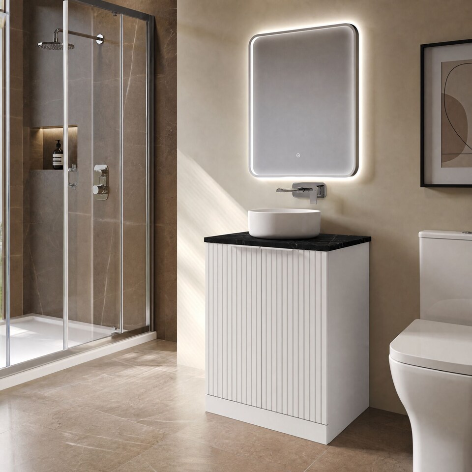 image 1 of Balterley Callingwood Contemporary Floor Standing 2 Door Vanity Unit with Black Pietra Marble Laminate Worktop , 600mm, Matt White