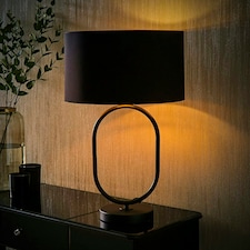 ValueLights Antonia Black with Metallic Gold Inner Drum Shade Matte Black Oval Table Lamp Black