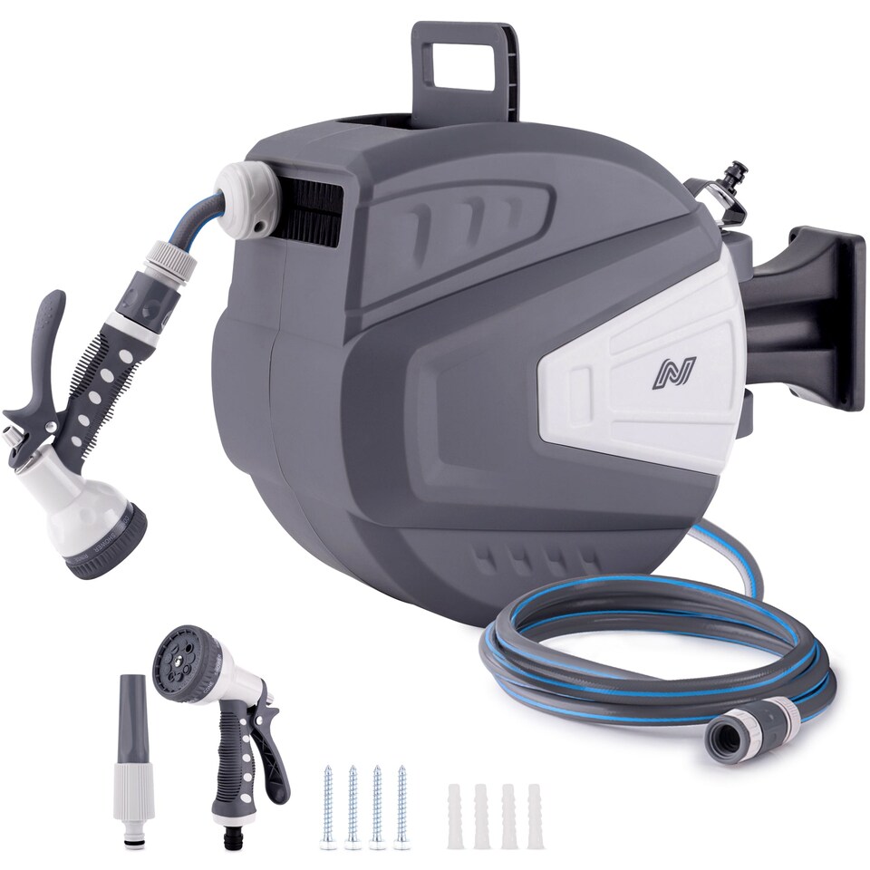 image 1 of NETTA Retractable Hose Reel with Auto Rewind, 180° Swivel and 9-Function Spray Gun