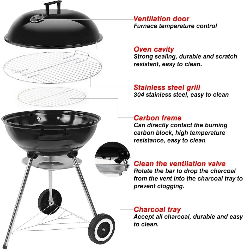 image 1 of Portable Round Kettle Charcoal Grill BBQ Outdoor Heat Control Party BBQ Grill Black