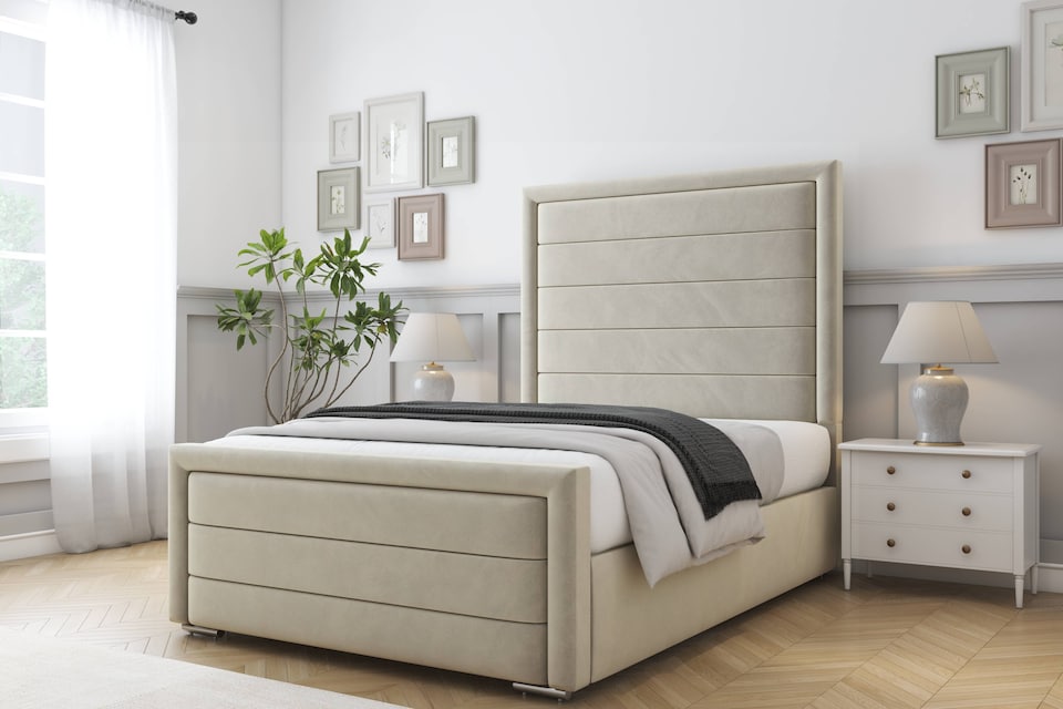 image 1 of Sloomy Ashford Cream Plush Bed Frame With Mattress With 50" Upholstered Headboard 5' King