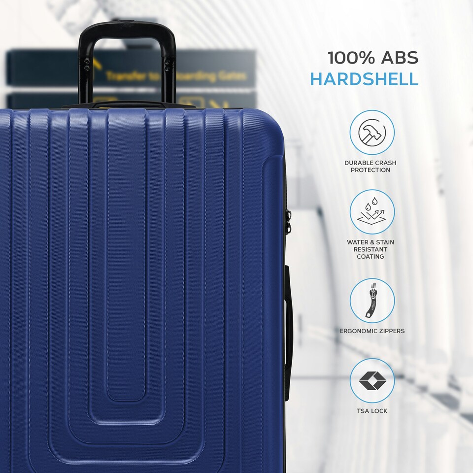 image 1 of Flight Knight Premium Lightweight Suitcase - Built-in Side Lock with USB Port - 8 Spinner Wheels - Hard Shell Carry On Or Check in Luggage 100 Airlines Approved Blue | Navy | Large