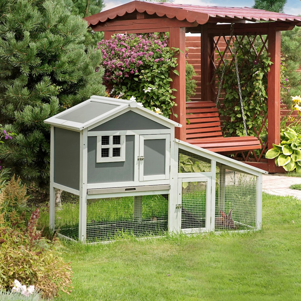 image 1 of PawHut Rabbit Hutch, Guinea Pig Cage 2 Tier w/ Sunlight Roof & Tray, Grey