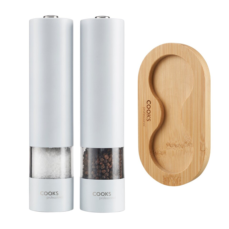 image 1 of Cooks Professional Electric Salt & Pepper Mill Set with Bamboo Base - White
