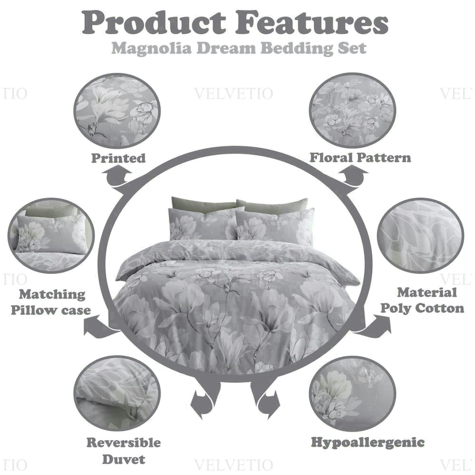 image 1 of VELVETIO Magnolia Dream Printed Duvet Cover Set Reversible Polycotton Easy Care Beddings Pink | Blush Pink | King